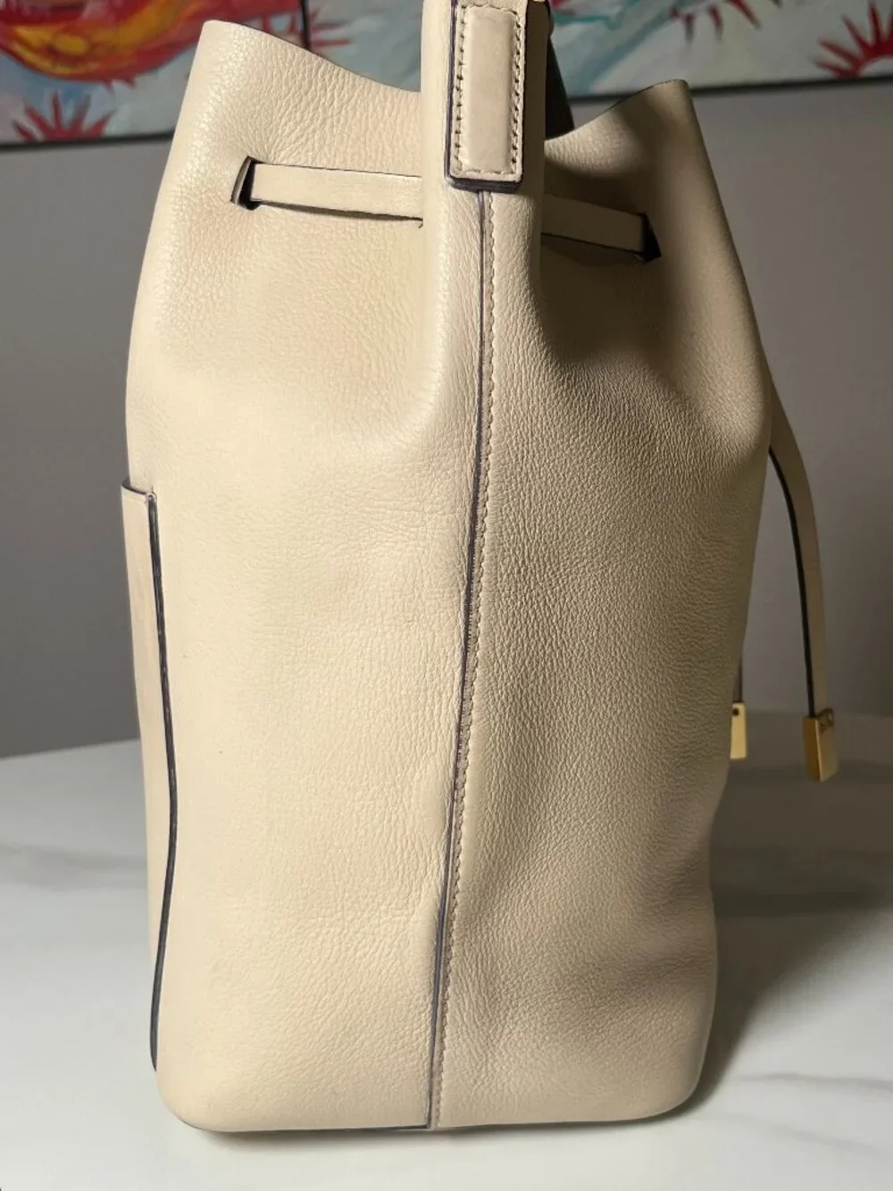 Michael Kors Mercer Cream Pebbled Leather Bucket Bag - Picture 6 of 16